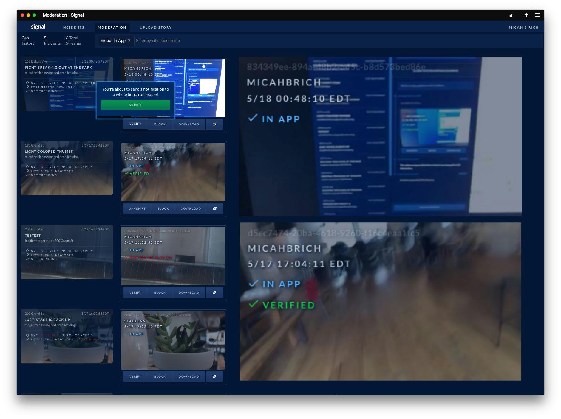 Designed & developed a realtime video monitoring system for the team to watch, approve, or reject live video crime reports.